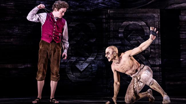 Tony Bozzuto’s Gollum confronts Milford’s Frodo in The Lord of the Rings: A Musical Tale in Chicago in July. Picture: Liz Lauren