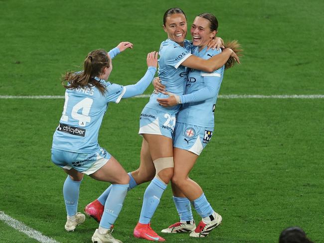 MELBOURNE, AUSTRALIA - FEBRUARY 15: Bryleeh Henry of Melbourne City celebrates kicking a goal during the round 16 A-League Women's match between Melbourne City and Sydney FC at AAMI Park, on February 15, 2025, in Melbourne, Australia. (Photo by Daniel Pockett/Getty Images)