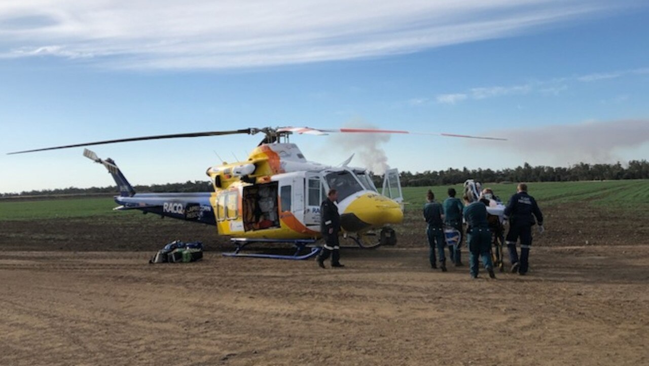 A man was flown to the Royal Brisbane and Women's Hospital with serious injuries after being caught in farming machinery on a property at Arcturus near Emerald.