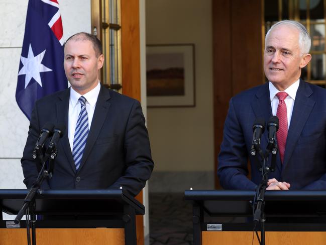 Josh Frydenberg, Minister for Environment and Energy with Prime Minister Malcolm Turnbull during a joint press conference at Parliament House in Canberra today. Picture Gary Ramage