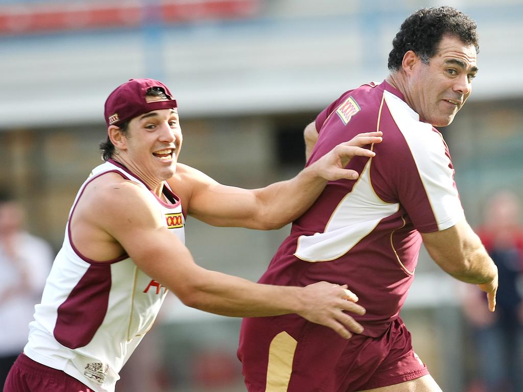 Billy Slater and Mal Meninga compete during a 2008 training session.