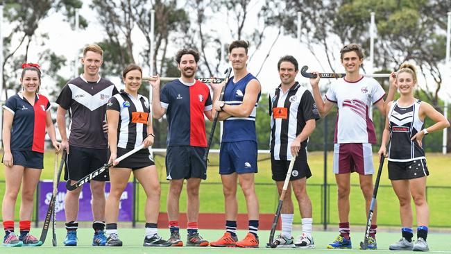 Hockey SA Premier League players (from left) Desiree Likos (Adelaide University), Paxton Silby (Grange), Scott Germein (Port Adelaide), Scott Crowhurst (Forestville), Sam Davies (Burnside), Melissa Garner (Port Adelaide), Max Bail (Adelaide University) and Jemima Davies (Burnside). Picture: Tom Huntley