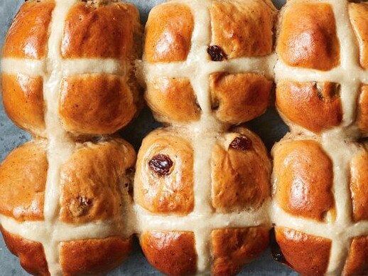 Traditional hot cross buns.