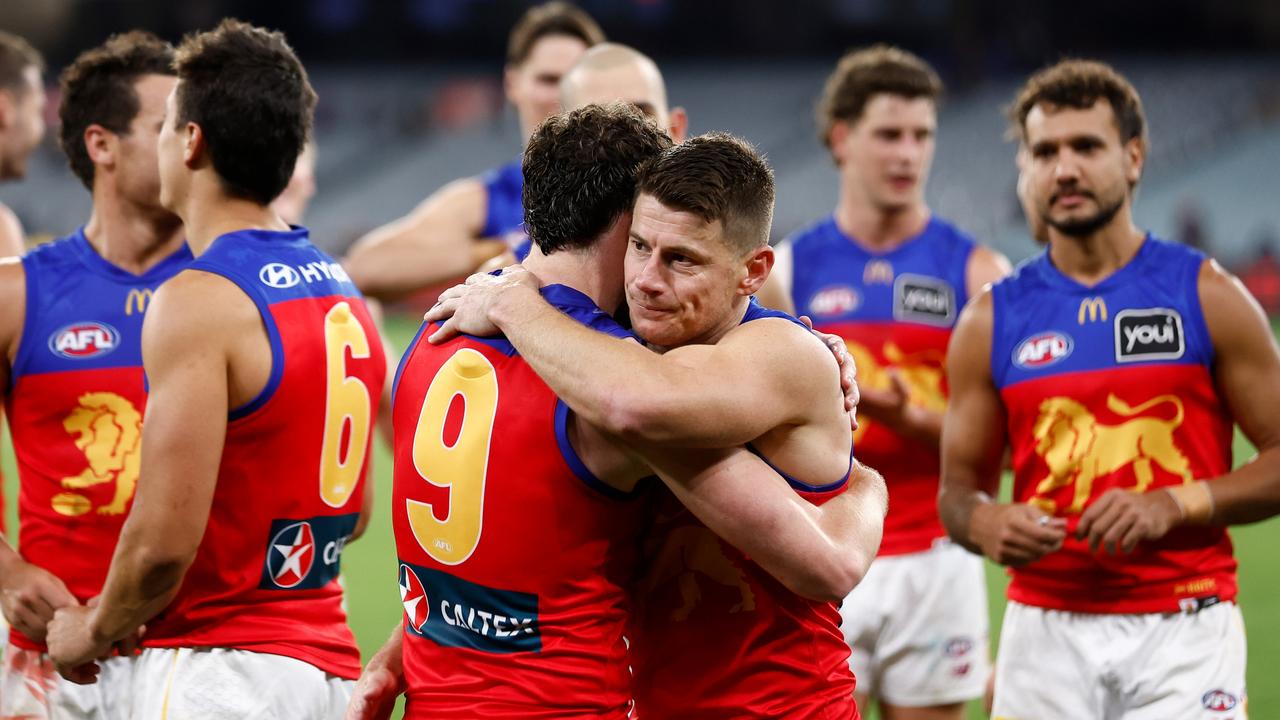 Lachie Neale (left) and Dayne Zorko of the Lions celebrate a big win. Picture: Getty Images