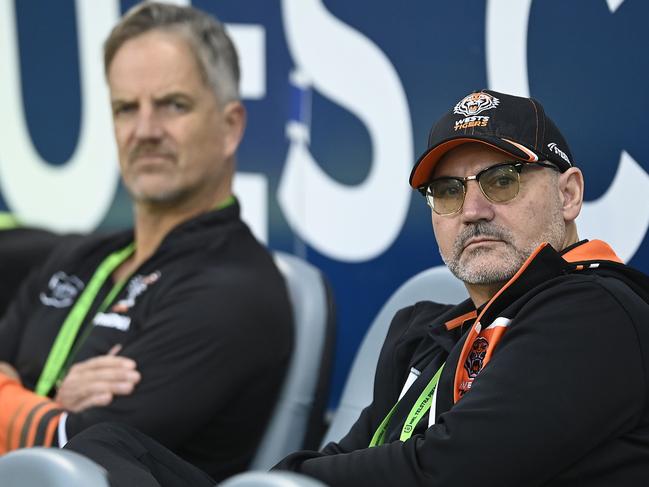 TOWNSVILLE, AUSTRALIA - JULY 01: West Tigers Board Director Lee Hagipantelis and CEO Justin Pascoe look on before the start of the round 18 NRL match between North Queensland Cowboys and Wests Tigers at Qld Country Bank Stadium on July 01, 2023 in Townsville, Australia. (Photo by Ian Hitchcock/Getty Images)