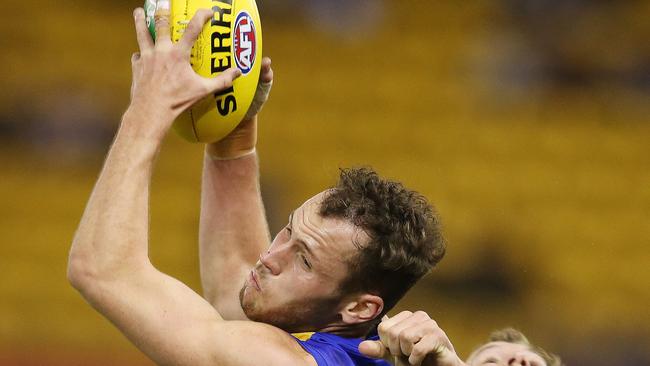 AFL Round 8. 10/05/2019. St Kilda vs West Coast Eagles at Marvel Stadium. West Coast's Daniel Venables marks in front of Jimmy Webster of the Saints 1st quarter . Pic: Michael Klein.