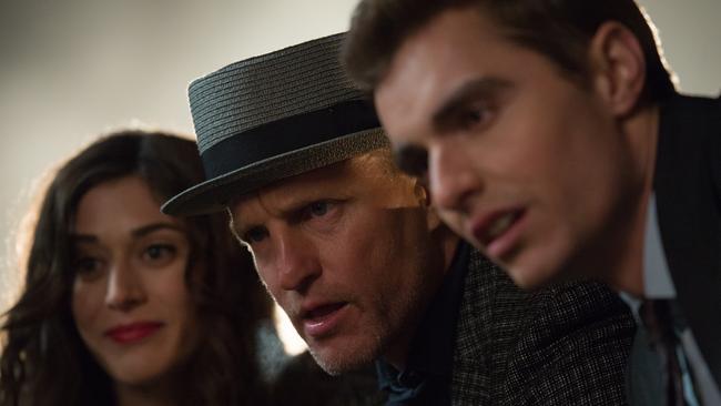 Lula (Lizzy Caplan), Merritt McKinney (Woody Harrelson) and Jack Wilder (Dave Franco) in a scene from Now You See Me 2.