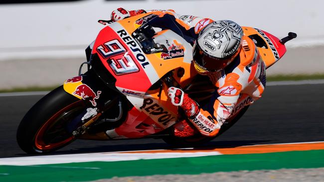 Marc Marquez takes a curve during the second free practice session at Valencia.