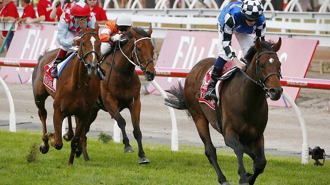 Racing - Melbourne Cup Day Picture:Wayne Ludbey Protectionist ridden by Ryan Moore wins Red Cadeaux second in the red & white cap