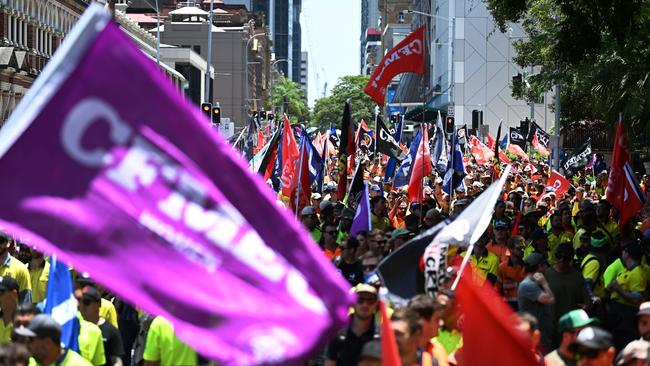 Construction workers take part in a CFMEU union rally outside Parliament House in Brisbane last month. Picture: Dan Peled/NCA NewsWire