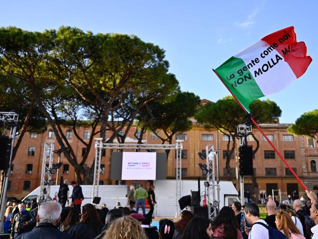 Members of 'NoVax' take part in a demonstration against the introduction of a mandatory "green pass" aimed to limit the spread of coronavirus. Picture: AFP