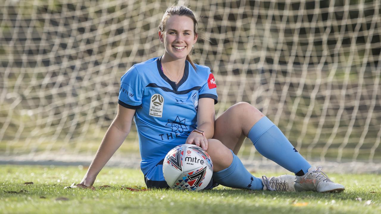 MOSMAN DAILY/AAP. Sydney FC W-League player Natalie Tobin (Berowra) poses during a photo shoot at Macquarie Park on Friday, 8 November, 2019. (AAP IMAGE / Troy Snook)