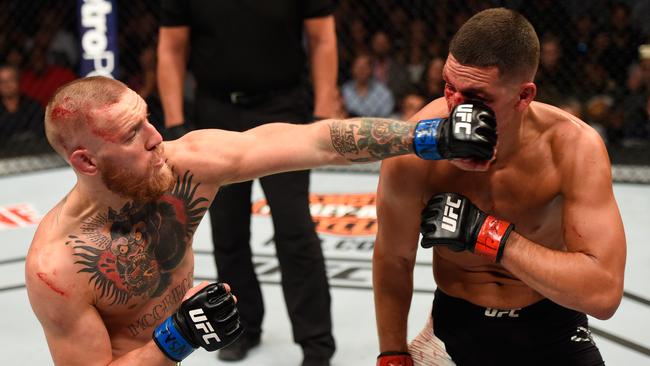 McGregor fighting Nate Diaz back in 2016 in Las Vegas. (Photo by Josh Hedges/Zuffa LLC/Zuffa LLC via Getty Images)