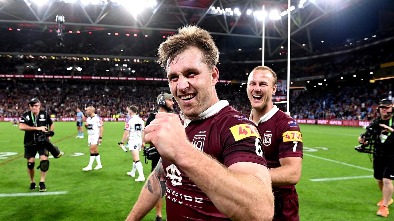 Cameron Munster celebrates victory after game two at Suncorp Stadium. (Photo by Bradley Kanaris/Getty Images)