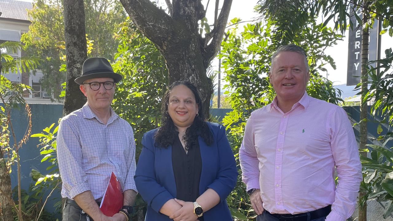 CHHHS mental health service director Wade Norrie, CHHHS chief executive Leena Singh and Cairns MP Michael Healy announce the Miles Government $27.3 million pledge to integrate Cairns' mental health facilities for better patient care. Photo: Catherine Duffy.