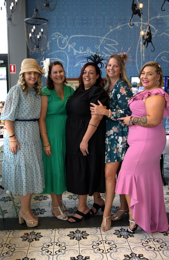 Katrina Agnew, Natalie Cocks, Jamie Vella, Suzie Williams, Teri Williams at the Gympie RSL during the Melbourne Cup Races on November 7, 2023.