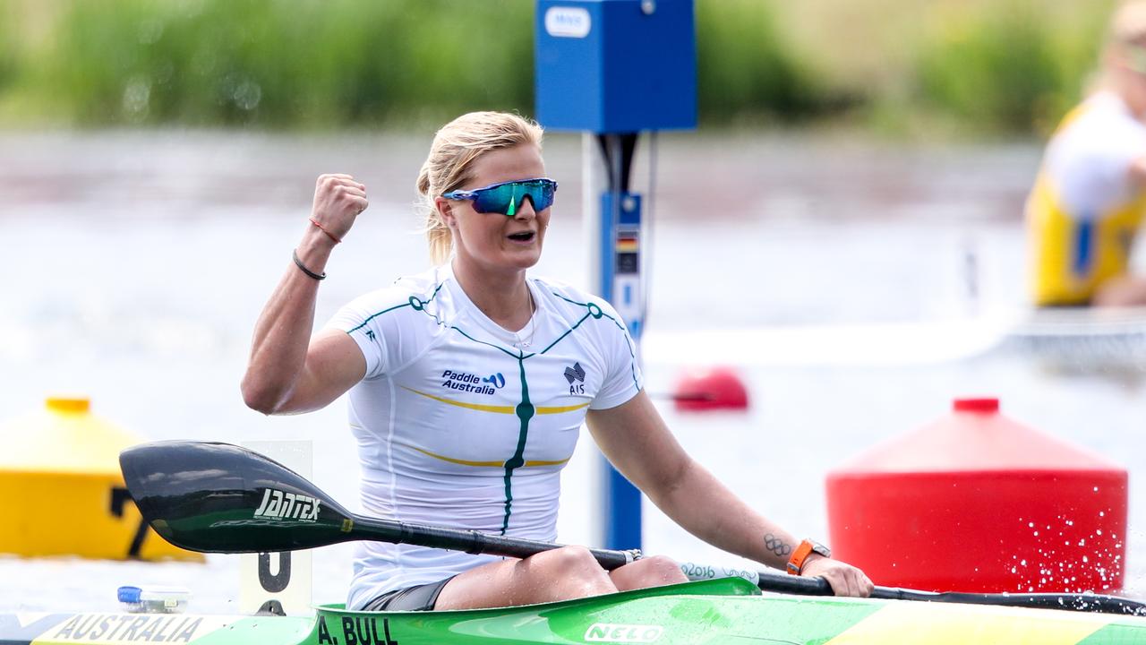 Alyssa Bull celebrates a win in the K1 1000 at the ICF Canoe Sprint World Cup last year in Duisburg Germany. Picture: Paddle Australia