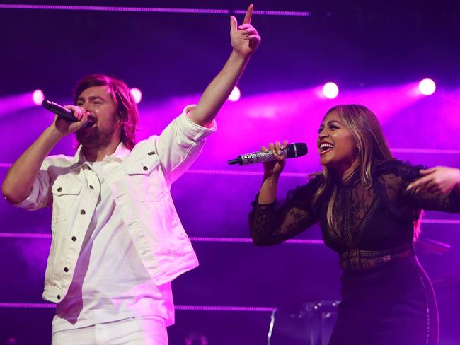 Peking Duck perform on stage with Jessica Mauboy. Picture: Lisa Maree Williams/Getty Images for ARIA