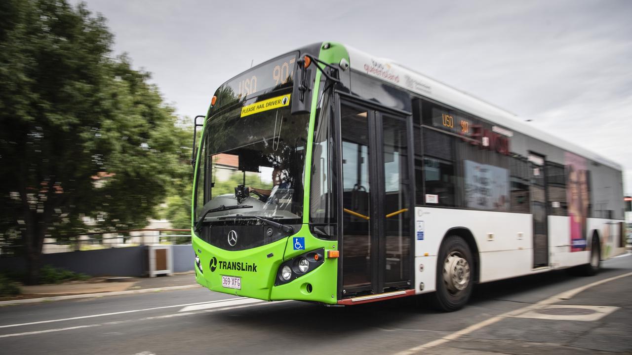 A TransLink Bus Queensland bus is driven on a Toowoomba CBD street, Saturday, April 1, 2023. Picture: Kevin Farmer