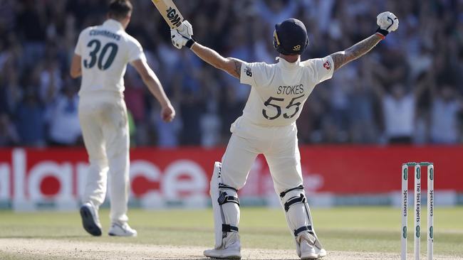 Ben Stokes raises his arms in triumph after hitting the winning runs. Picture: Getty Images