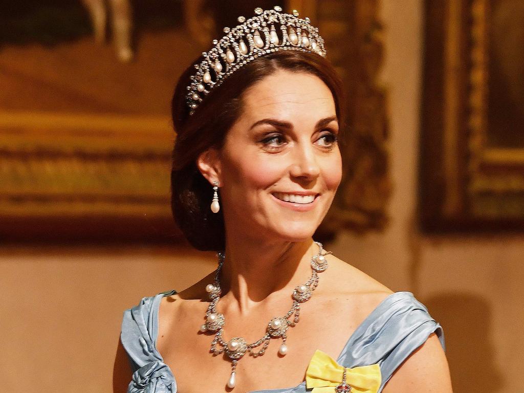 On the same night, Kate Middleton adorned the Cambridge Lover’s Knot Tiara. Picture: AFP