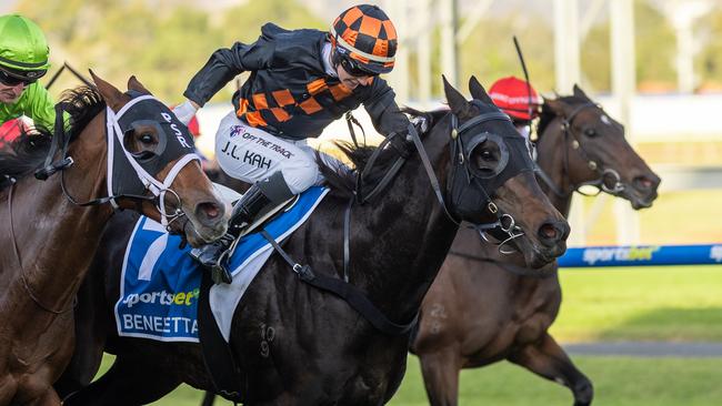 Jamie Kah rides Benedetta to victory in the Group 1 The Goodwood at Morphettville. Picture: Makoto Kankeko