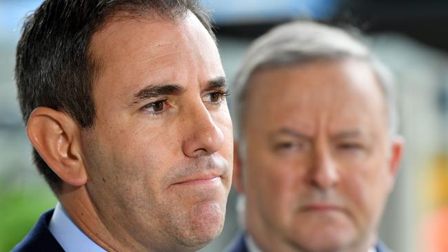 Shadow Treasurer Jim Chalmers, left, and Opposition Leader Anthony Albanese responding to the government’s $17.6bn economic stimulus package in Brisbane on Thursday. Picture: AAP