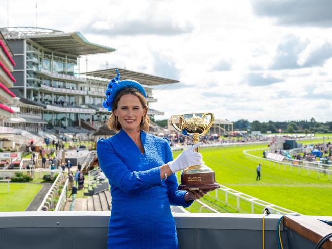 York, UK: Horse racing presenter Francesca Cumani presents the Cup at York Racecourse. Picture: Hannah Ali