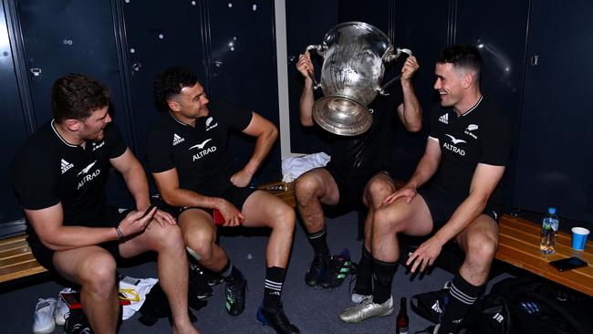 (L-R) Dalton Papali’i, David Havili, Sam Whitelock and Will Jordan of the All Blacks celebrate with the Bledisloe Cup. Picture: Hannah Peters/Getty Images