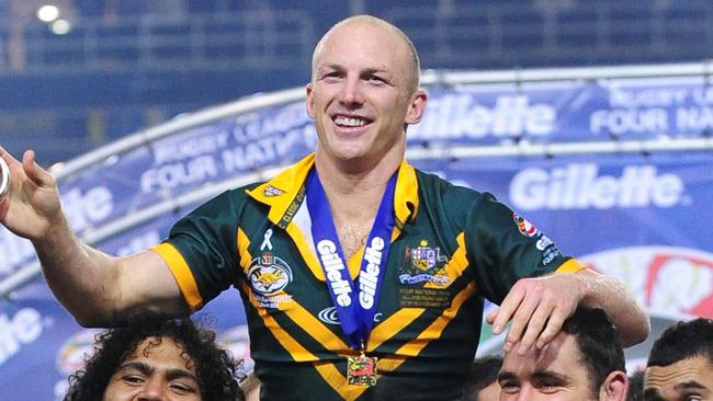 Darren Lockyer lifts the trophy following the England v Australia Four Nations Final at Ellan Road in Leeds, England 19/11/2011.