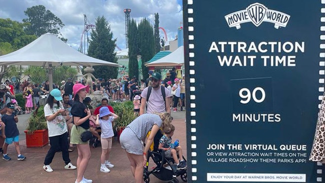 Artwork of crowds waiting in long queues for rides at Movie World on the Gold Coast. Picture: Supplied