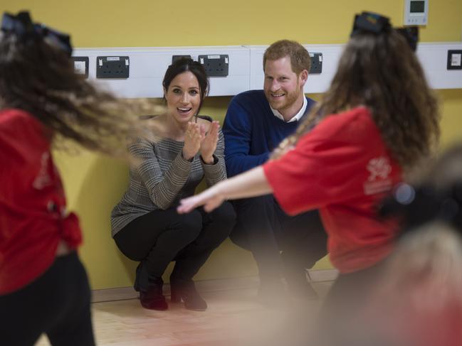 Britain’s Prince Harry and his fiancée Meghan Markle attend a street dance class during their visit to Star Hub community and leisure centre in the Tremorfa area of Cardiff, south Wales on January 18, 2018. Picture: Getty