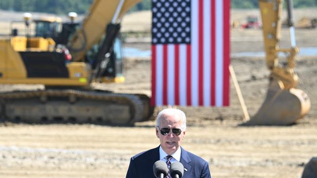 US President Joe Biden speaks on rebuilding US manufacturing through the CHIPS and Science Act at the groundbreaking of the new Intel semiconductor manufacturing facility near New Albany, Ohio, on September 9.