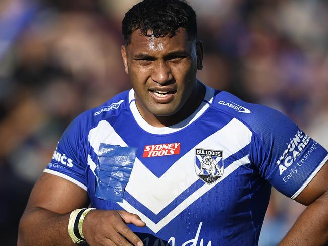 BUNDABERG, AUSTRALIA - JULY 30: Tevita Pangai Junior of the Bulldogs looks on during the round 22 NRL match between Canterbury Bulldogs and Dolphins at Salter Oval on July 30, 2023 in Bundaberg, Australia. (Photo by Ian Hitchcock/Getty Images)