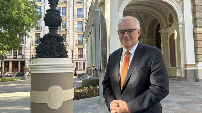 Former Prime Minister Scott Morrison speaking at the Black Sea Security Forum in Odesa on May 30. Picture: Natalie Vikhrov