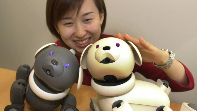 Sony’s Aibo pet robots, Macaron, left, and Latte, pictured in 2001, looked like a cross between a dog and a bear.