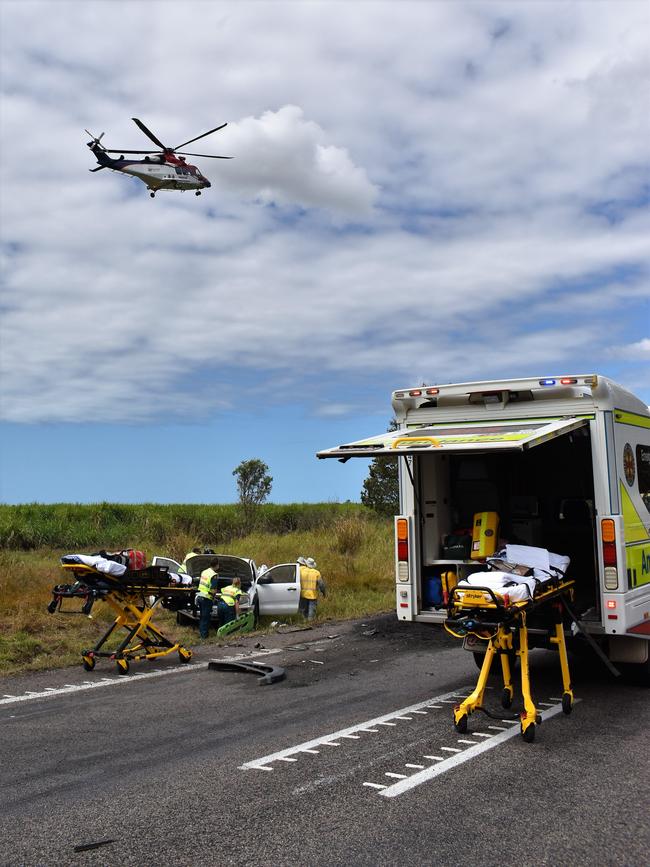 Photos from the scene of an accident involving two trucks and a utility vehicle at Yuruga on the Bruce Highway between Townsville and Ingham. Two men have been badly injured. Picture: Cameron Bates