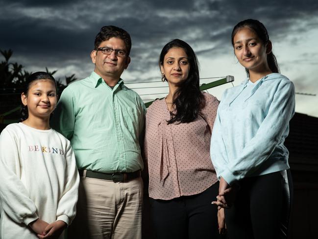 Quakers Hill family the Doshis. Dad Sanket, Mum Archana, Anya (14) and Avika (9) now have to budget their day-to-day expenses and give up everyday luxuries like coffee. Picture: Julian Andrews