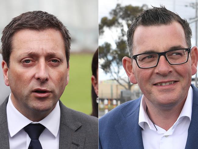 A composite image of Victorian Opposition Leader Matthew Guy (left) and Victorian Premier Daniel Andrews (right) during campaigning for the Victorian state election, Thursday, November 22, 2018. (AAP Image/David Crosling, Julian Smith) NO ARCHIVING