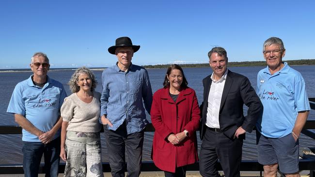 Shoalhaven Riverwwatch’s John Tate, Shoalhaven City Council deputy mayor Liza Butler, Former Environment Minister Peter Garrett, Gilmore MP Fiona Phillips, Opposition deputy leader Richard Marles and Shoalhaven Riverwatch’s Peter Jirgens. Picture: Dylan Arvela