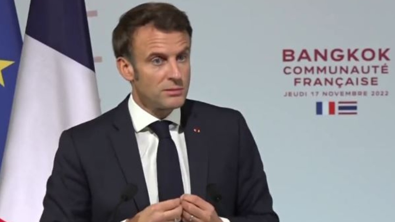 The French President Emmanuel Macron speaks in Bangkok. Picture: Twitter