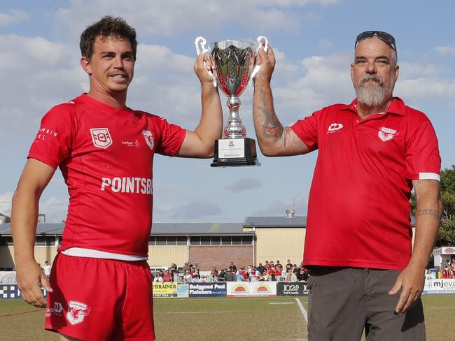 Currumbin Eagles captain and coach with the winners trophy for A Grade Reserves Gold Coast Rugby League at the UAA Park, Miami, Gold Coast, Sunday, September 10, 2023. Photo: Regi Varghese