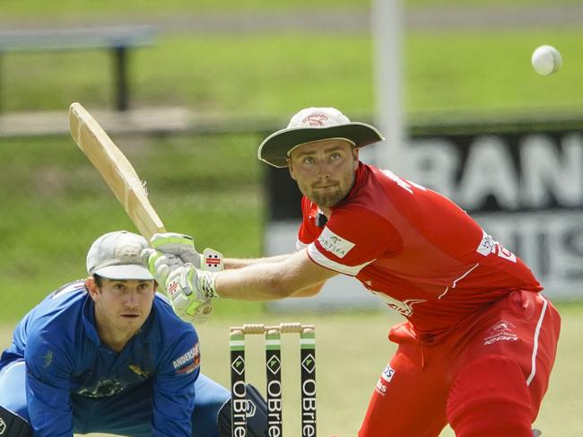 MPCA Provincial cricket: Langwarrin v Sorrento. Langwarrin keeper Tom Hussey and Leigh  Poholke batting for Sorrento. Picture: Valeriu Campan