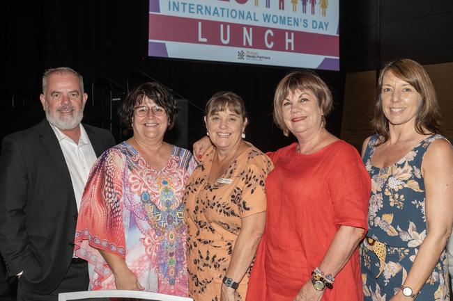 Mackay Region Councillor Justin Englert, Karen Hold, Councillor Alison Jones, Councillor Pauline Townsend and Councillor Belinda Hassan at the Zonta Club of Mackay Inc International Women's Day Luncheon at the MECC Sunday March 5 2023. Picture: Michaela Harlow