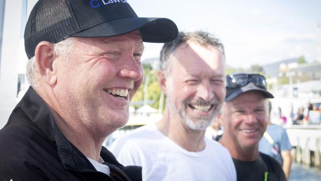 LawConnect crew (L-R_ helm Tony Mutter, skipper/ owner Christian Beck and tactician Chris Nicholson ater winning the 2023 Rolex Sydney Hobart yacht race. Picture: Chris Kidd