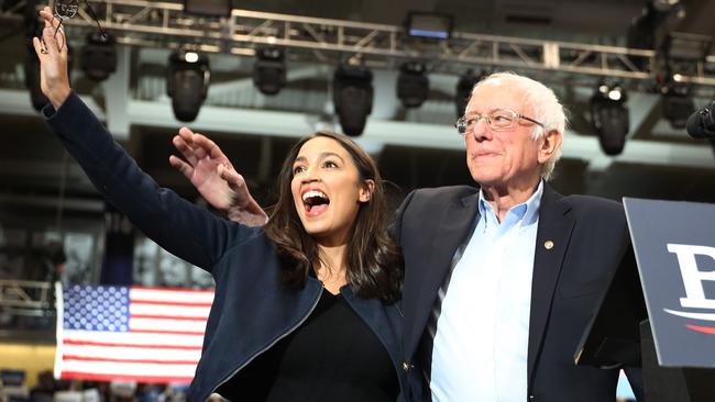 For his campaign, Bernie Sanders has called in the big names with Alexandria Ocasio-Cortez and The Strokes. Picture: Joe Raedle/Getty