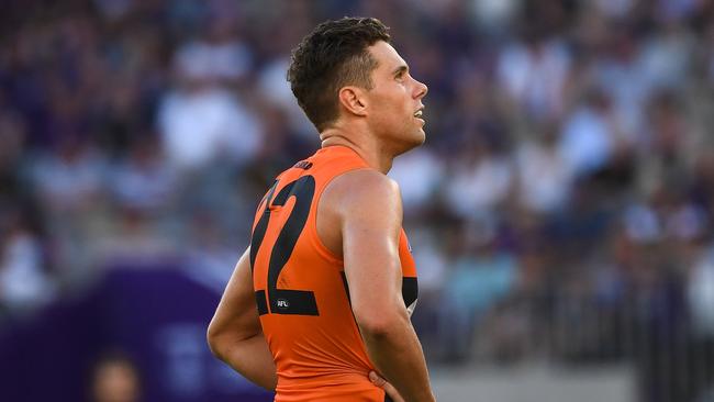 PERTH, AUSTRALIA - MARCH 28: Josh Kelly of the Giants looks on during the 2021 AFL Round 02 match between the Fremantle Dockers and the GWS Giants at Optus Stadium on March 28, 2021 in Perth, Australia. (Photo by Daniel Carson/AFL Photos via Getty Images)