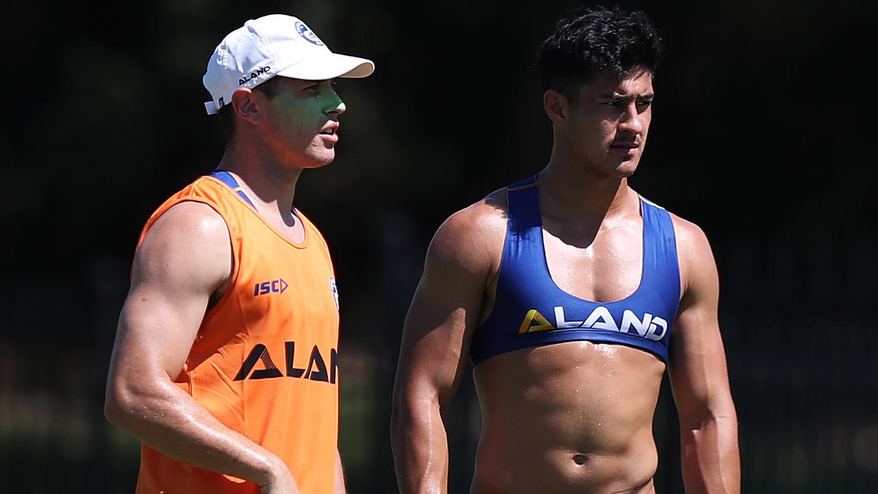 Mitchell Moses with Dylan Brown during Parramatta Eels rugby league training at Old Saleyards Reserve, Parramatta. Picture: Brett Costello