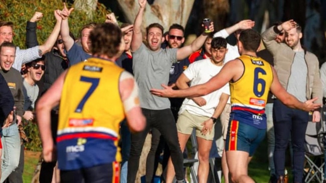 Dom Barilla celebrates a goal for Trinity OS. Picture: Trinity Old Scholars Football Club