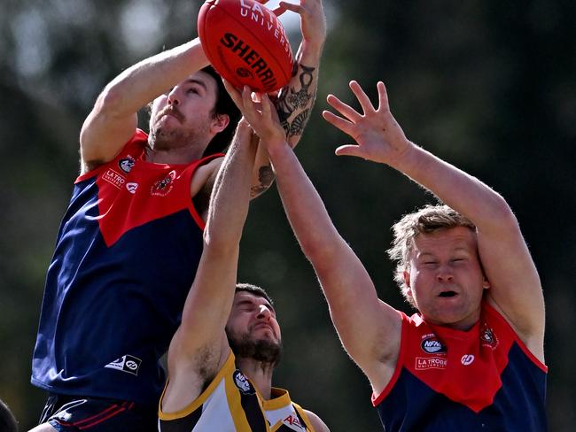 Diamond CreekÃs Robby Noble and ThomastownÃs Daniel Caruso during the  NFL football match between Diamond Creek and Thomastown in Epping, Sunday, Aug. 21, 2022. Picture: Andy Brownbill